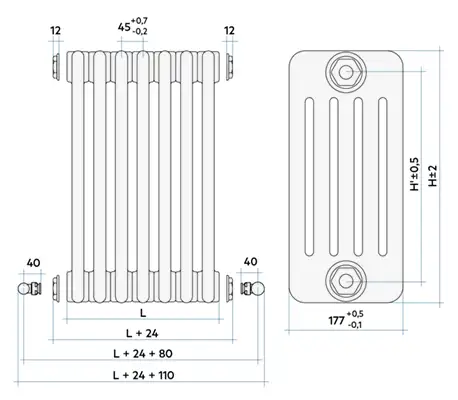 TESI 5 - размеры радиаторов, в мм