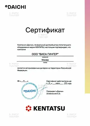 Сертификат ВИСА ГИНГЕР, дилера KENTATSU