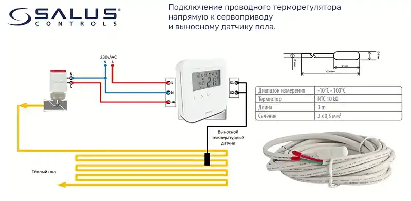 Подключение проводного терморегулятора напрямую к сервоприводу SALUS